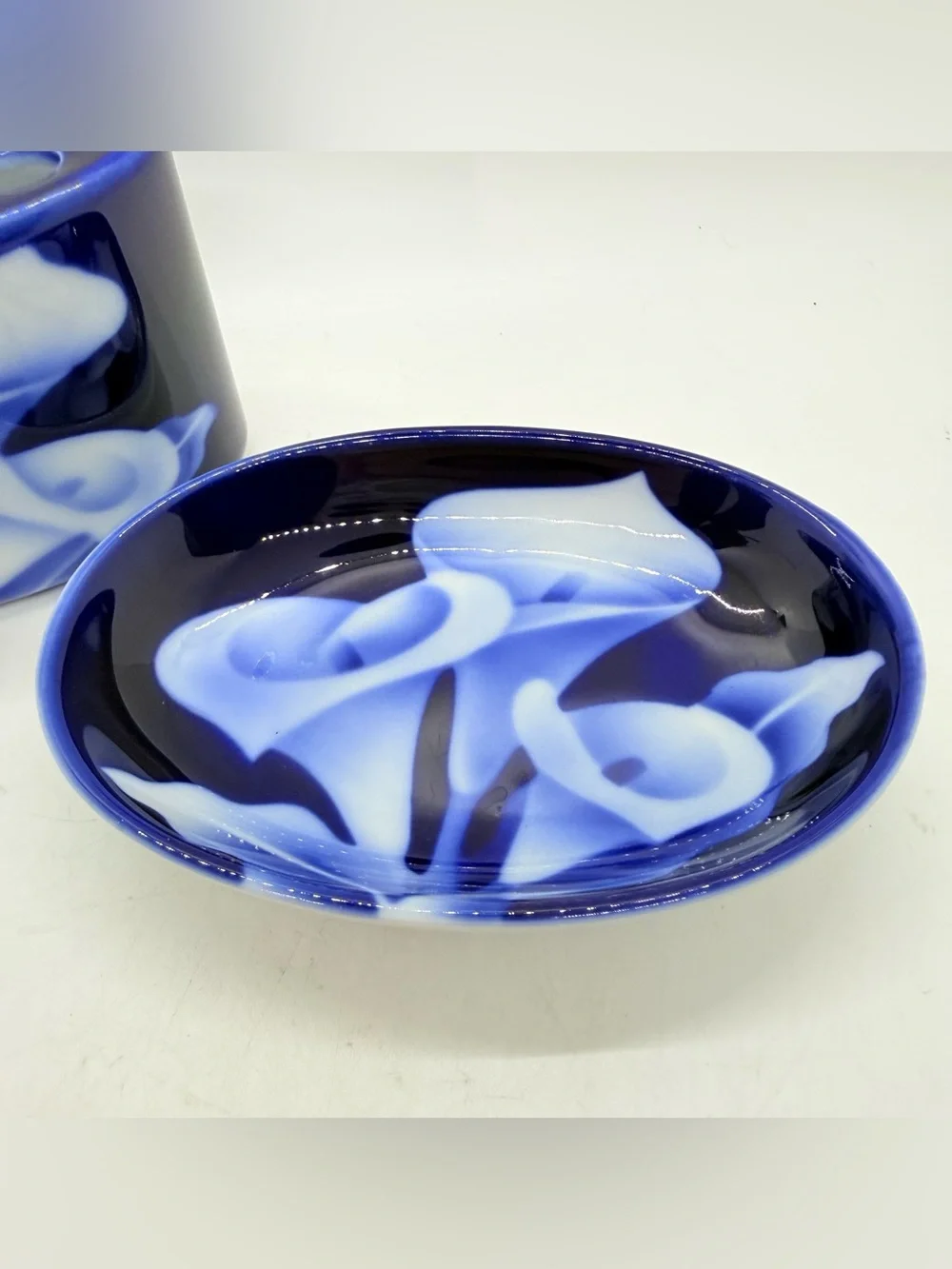 Vintage Takahashi Floral Bathroom Set Toothbrush & Soap Dish Blue In Glaze Lily
